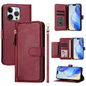 iPhone 16 Pro Plånboksfodral Zipper Pocket Läder - Röd