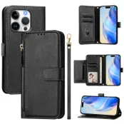iPhone 16 Pro Plånboksfodral Zipper Pocket Läder - Svart
