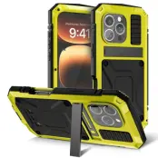 R-JUST iPhone 16 Pro Skal PC+Silicone+Metal Ställ - Gul