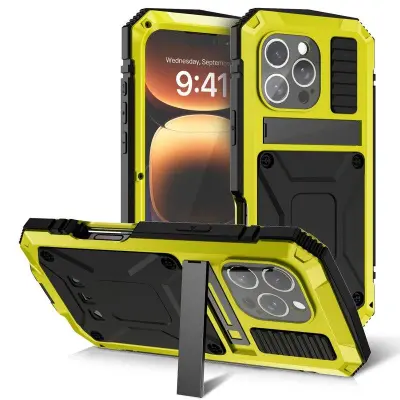 R-JUST iPhone 16 Pro Skal PC+Silicone+Metal Ställ - Gul