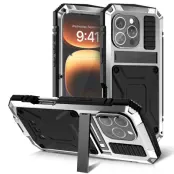 R-JUST iPhone 16 Pro Skal PC+Silicone+Metal Ställ Silver