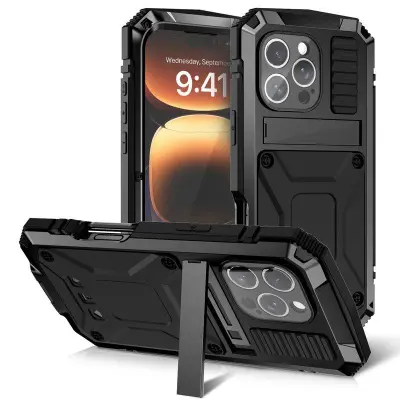 R-JUST iPhone 16 Pro Skal PC+Silicone+Metal Ställ - Svart