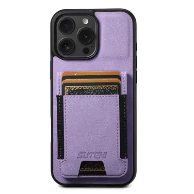 SUTENI iPhone 16 Pro Mobilskal Korthållare Litchi Läder - Lila