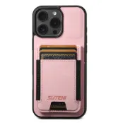 SUTENI iPhone 16 Pro Mobilskal Korthållare Litchi Läder - Rosa