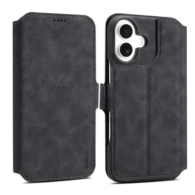 DENIOR B07 iPhone 16 Plånboksfodral Konstläder Avtagbart - Svart