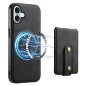 DENIOR D14 iPhone 16 Fodral Kickstand Korthållare KonstLäder Svart