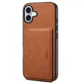 DENIOR iPhone 16 Fodral Kortfack Ställ Retro Läder+PC+TPU - Brun