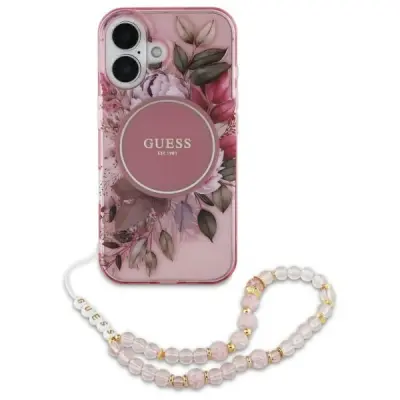 Guess iPhone 16 Mobilskal MagSafe IML Flowers Med Pearl Strap - Rosa