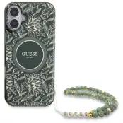 Guess iPhone 16 Mobilskal MagSafe IML Flowers Med Strap - Grön