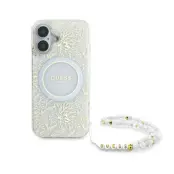 Guess iPhone 16 Mobilskal MagSafe IML Flowers Med Strap - Vit