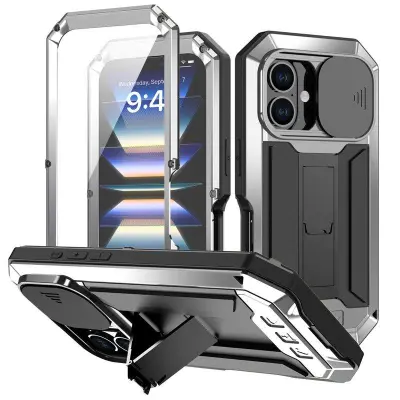 R-JUST iPhone 16 Kickstand Skal Silicone+Metal+PC Silver