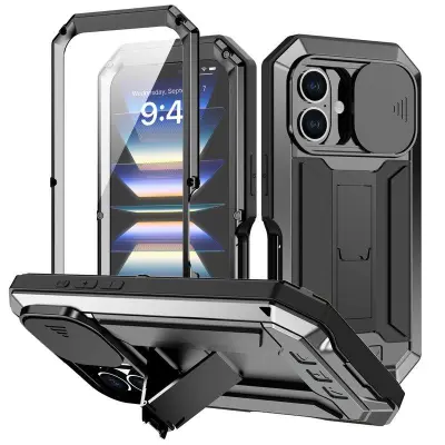 R-JUST iPhone 16 Kickstand Skal Silicone+Metal+PC Tempered Glass - Svart