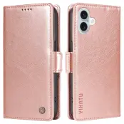 YIKATU iPhone 16 Plånboksfodral Litchi Texture - Roséguld