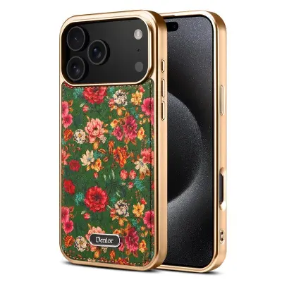 DENIOR A24 iPhone 17 Pro Max Fodral KonstLäder PC TPU Peony Green