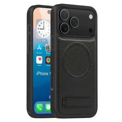iPhone 17 Pro Max Mobilskal MagSafe Kickstand Läder - Svart