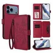 iPhone 17 Pro Max Plånboksfodral Butterfly Floral Imprint - Vinröd