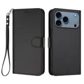iPhone 17 Pro Max Plånboksfodral Läder med Handledsrem - Svart