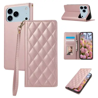iPhone 17 Pro Max Plånboksfodral RFID Rhombus Läder - Roséguld