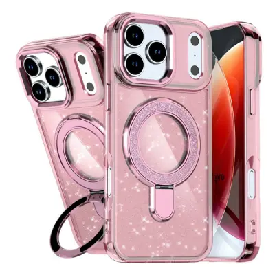 iPhone 17 Pro Mobilskal Glitter Design TPU + PC Kickstand - Rosa