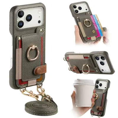 iPhone 17 Pro Mobilskal med Korthållare Ring Kickstand (Grå)