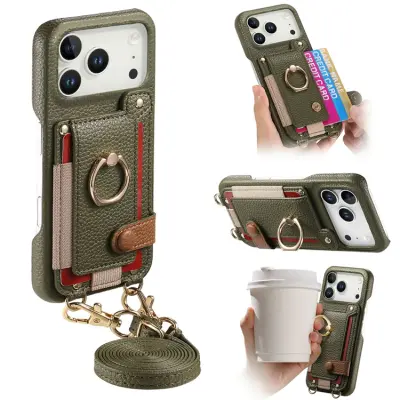 iPhone 17 Pro Mobilskal med Korthållare Ring Kickstand (Midnight Grön)