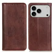 iPhone 17 Pro Plånboksfodral Äkta Läder Litchi - Brun