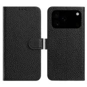 iPhone 17 Pro Plånboksfodral Äkta Läder Litchi Flip - Svart