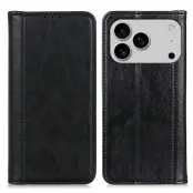 iPhone 17 Pro Plånboksfodral Äkta Läder Litchi - Svart