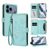 iPhone 17 Pro Plånboksfodral Butterfly Floral Imprint - Mintgrön