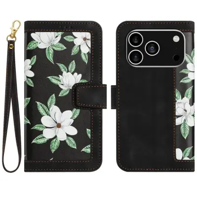 iPhone 17 Pro Plånboksfodral Floral Konstläder - Svart