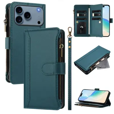 iPhone 17 Pro Plånboksfodral Zipper Med Rem - Mörkgrön