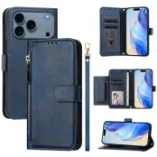 iPhone 17 Pro Plånboksfodral Zipper Pocket Läder - Blå