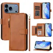 iPhone 17 Pro Plånboksfodral Zipper Pocket Läder - Brun