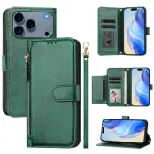 iPhone 17 Pro Plånboksfodral Zipper Pocket Läder - Grön