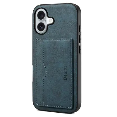 DENIOR iPhone 17 Fodral Kortfack Ställ i Läder - Blå