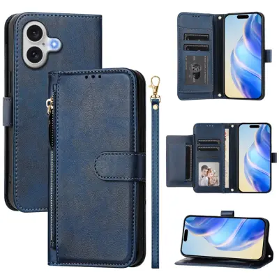 iPhone 17 Plånboksfodral Zipper Pocket Läder - Blå