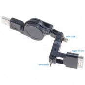 3-in-1 USB Retractable ladd/Sync kabel (Svart)