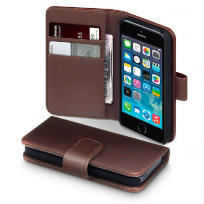 Plånboksfodral av äkta läder till Apple iPhone 5 (Brun)