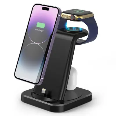 W-06 4-i-1 Laddare för iPhone 5-14, Hörlurar, Smartwatch - Svart