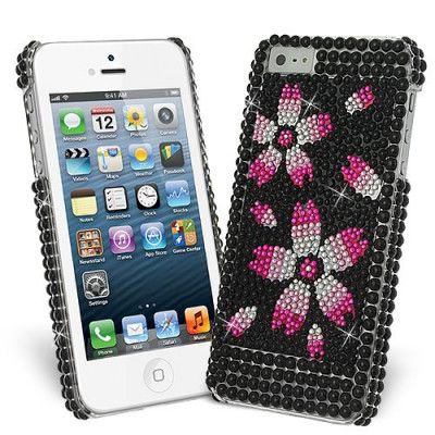 Bling Bling Rosa Blommor Skal till Apple iPhone 5/5S/SE + Skärmskydd