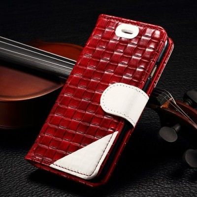 Woven Äkta Läder Plånboksfodral till Apple iPhone 6 - Röd/Vit