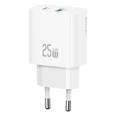 USAMS GaN Snabbladdare USB-C - USB-A 25W CC315 T65 EU - Vit