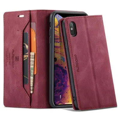 AUTSPACE A01 iPhone X/XS Plånboksfodral Konstläder - RFID Blocker - Röd