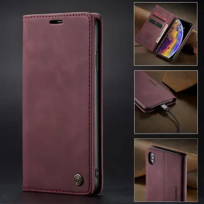 CASEME 013 Series Mobilskal till iPhone XS/X Retro Läder Vinröd