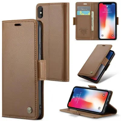 CASEME 023 iPhone XS Plånboksfodral Konstläder med RFID-Skydd - Brun