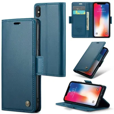 CASEME RFID-Skydd Plånboksfodral Konstläder för iPhone XS - Blå