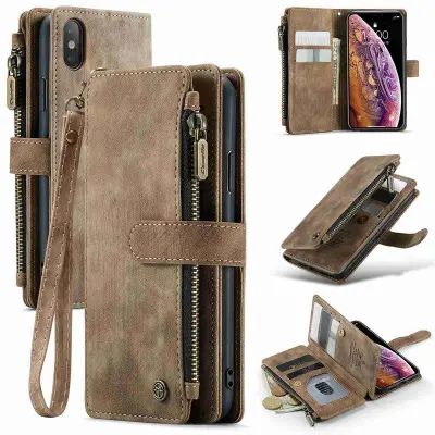 CASEME C30 Plånboksfodral för iPhone X/XS med rem, brun Konstläder