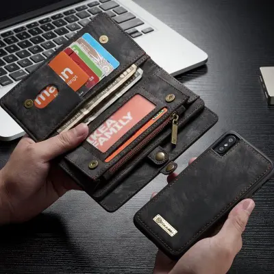 CASEME Vintage KonstLäder 2-in-1 Wallet Mobilskal för iPhone Xs - Svart