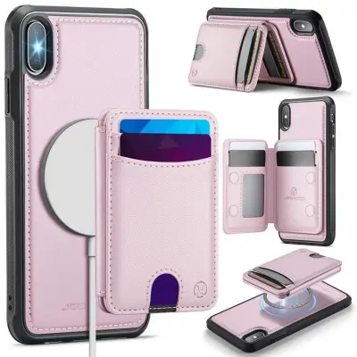 JEEHOOD iPhone X/XS Mobilskal KonstLäder MagSafe med Kortfack - Rosa