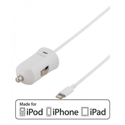DELTACO Billaddare, lightning, 2,4A, MFi, 1m, vit